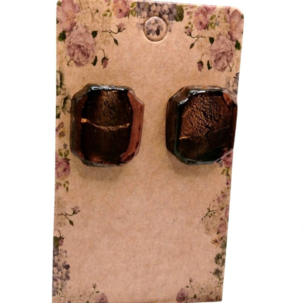 Amber Square Glass Stud Earrings Octagon Brown